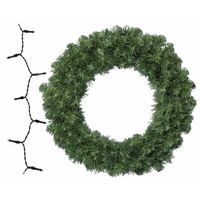 Groene kerstkrans/dennenkrans/deurkrans 50 cm inclusief warm witte verlichting   -