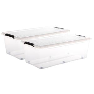 5Five opberg kist met deksel - 2x - Clip Box - 55 liter - 76 x 39 x 25 cm - kunststof - transparant