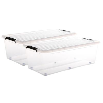 5Five opberg kist met deksel - 2x - Clip Box - 55 liter - 76 x 39 x 25 cm - kunststof - transparant
