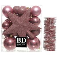 Kerstversiering kerstballen 5-6-8 cm met ster piek en folieslingers pakket oud roze van 35x stuks - Kerstbal