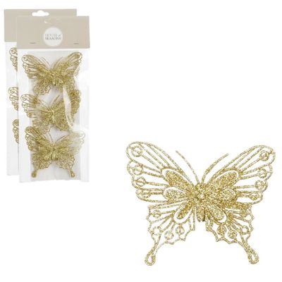 Kerstboomversiering vlinders op clip - 6x stuks - goud - 10 cm - kunststof