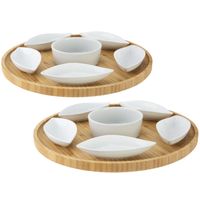 Set van 2x stuks serveerplanken bamboe dia 26 cm met luxe hapjes/saus/tapas keramieken schaaltjes