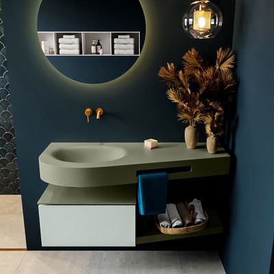 MONDIAZ RIVA 120cm badmeubel onderkast / planchet kleur Greey met 1 lade. Wastafel DULCET links 0 kraangaten kleur Army.