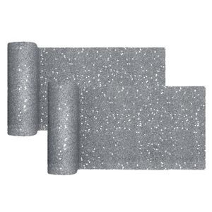 Kerst thema tafelloper op rol - 2x - zilver glitter - smal 18 x 500 cm - polyester