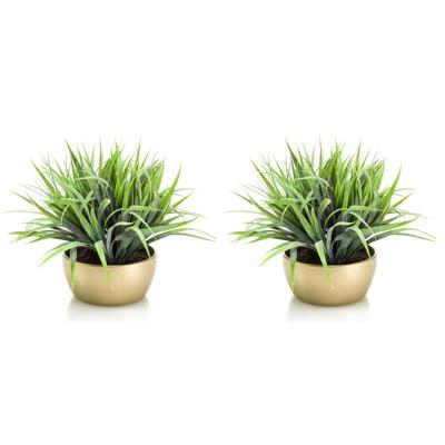 Kunstplant - Set van 2x stuks - siergras - groen - in gouden pot - 33 cm