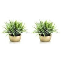 Kunstplant - Set van 2x stuks - siergras - groen - in gouden pot - 33 cm