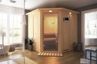 Karibu | Jarin Sauna met Dakkraag | Helderglas Deur | Biokachel 9 kW Externe Bediening - thumbnail