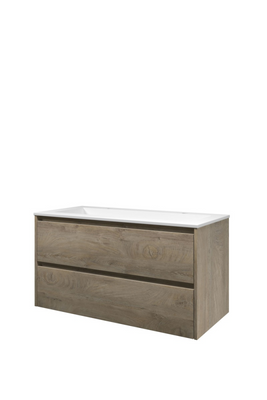 Proline polystone Elegant wastafelonderkast met 2 lades en polystone wastafel met 2 kraangaten 100 x 54,5 x 46 cm, raw oak / mat wit Proline polystone Elegant wastafelonderkast met 2 lades en polystone wastafel met 2 kraangaten 100 x 54,5 x 46 cm, raw oak / mat wit