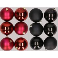 12x stuks kunststof kerstballen mix van donkerrood en zwart 8 cm - Kerstbal - thumbnail