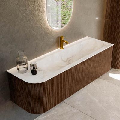 Badmeubel Mondiaz Kurve-Dlux | 145 cm | Meubelkleur Walnut | Wastafelkleur Frappe | Solid surface | Rechts spoelbak | 1 kraangat