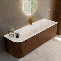 Badmeubel Mondiaz Kurve-Dlux | 145 cm | Meubelkleur Walnut | Wastafelkleur Frappe | Solid surface | Rechts spoelbak | 1 kraangat