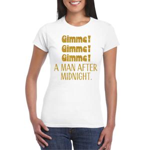 Foute Party T-shirt voor dames - gimme gimme - wit - glitter - vrijgezellenfeest - carnaval