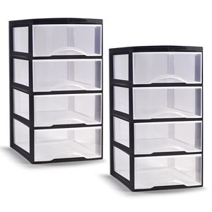 Ladeblokje/bureau organizer - 2x - 4 lades - transparant/zwart - L26 x B37 x H49 cm - plastic