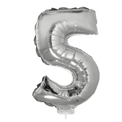 Zilveren opblaas cijfer ballon - 5 jaar - op stokje - H41 cm - Leeftijd versiering