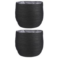 2x stuks naturel zwart rotan planten pot mand van gedraaid jute/riet H24 en D26 cm