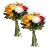 Mica Decorations Ranunculus/ranonkel boeket - 2x - oranje/rood - kunstbloemen - 22 cm - bruidsboeket