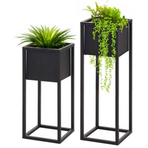 Plantenpotten set 2x stuks - zwart - op metalen standaard - 50 en 70 cm hoogte