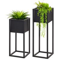 Plantenpotten set 2x stuks - zwart - op metalen standaard - 50 en 70 cm hoogte