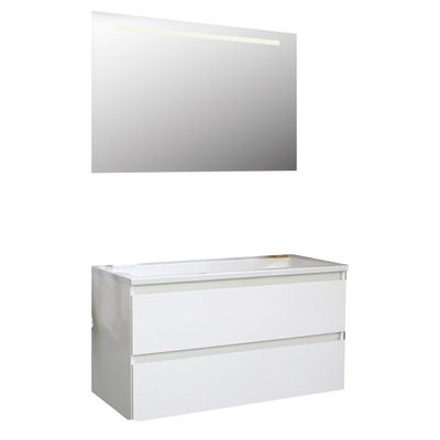 Badkamermeubel BWS Pepper Acryl Wastafel Incl Spiegel Met LED Verlichting Zonder Kraangat 100x55x46 cm Wit