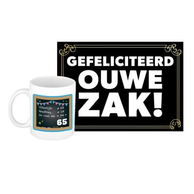 Verjaardag cadeau koffiemok 65 jaar - man - gedrag- met gefeliciteerd ouwe zak wenskaart