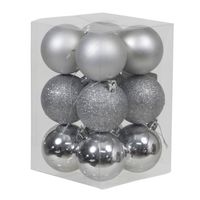 12x Zilveren kunststof kerstballen 6 cm glans/mat/glitter - Kerstbal