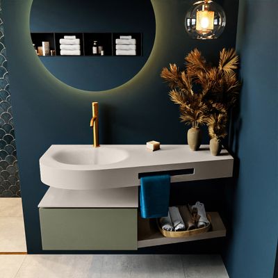 MONDIAZ RIVA 120cm badmeubel onderkast / planchet kleur Army met 1 lade. Wastafel DULCET links 1 kraangat kleur Linen. MONDIAZ RIVA 120cm badmeubel onderkast / planchet kleur Army met 1 lade. Wastafel DULCET links 1 kraangat kleur Linen.