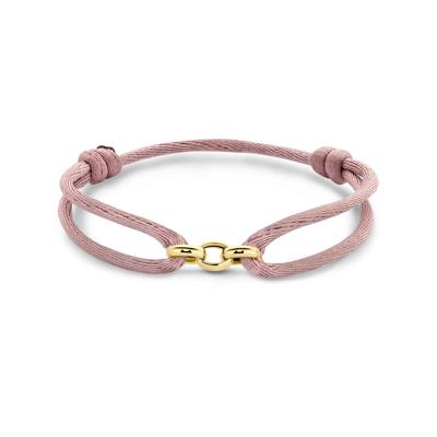 Zachtroze Satijnen Armband met 3 Verweven 14k Gouden Ringen - 13-26 cm
