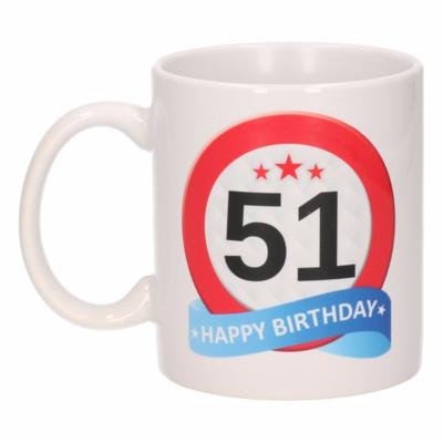 51 jaar Verjaardag koffiemok - cadeau beker - stopbord print - 300 ml - keramiek - wit