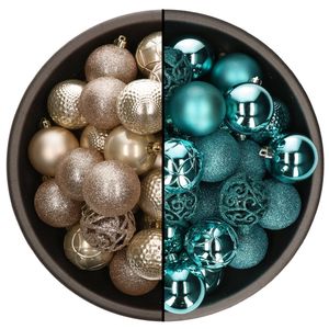 74x stuks kunststof kerstballen mix van champagne en turquoise blauw 6 cm - Kerstbal