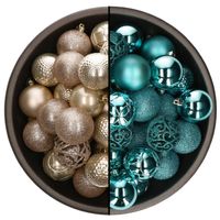 74x stuks kunststof kerstballen mix van champagne en turquoise blauw 6 cm - Kerstbal - thumbnail