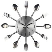 Bestek metalen keuken Wandklok lepel vork creatieve kwarts muur gemonteerde klokken modern design decoratieve horloge zilver