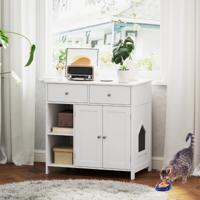 Kattenkast voor Kattentoilet Kattenbakkast met 2 Laden 2 Deuren & Ingang & Open Vakken Kattenmeubel Binnen 80 x 51 x 78 cm Wit