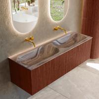 Badmeubel Mondiaz Kurve-Dlux | 140 cm | Meubelkleur Ruby | Wastafelkleur Sombra | Solid surface | Wasbak beide zijden spoelbak | Zonder kraangat(en)