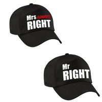 Zwarte kadopetten / caps Mr Right en Mrs Always right met witte / roze tekst voor koppels / bruidspaar / echtpaar volwas - thumbnail