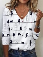 Cat Casual V Neck Knitted T-Shirt - thumbnail