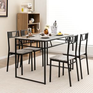 5-Delige Eettafel Set Industriële Stijl Keukentafel en 4 Stoelen met Imitatie Houten Blad en Metalen Frame Rechthoekige Tafel en Stoel Set