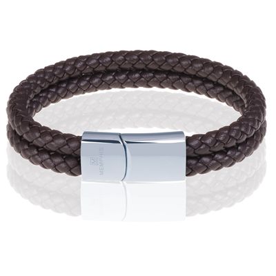 Memphis dubbele leren armband Bruin Zilver