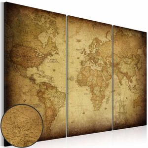 Schilderij - Wereldkaart - Oude Wereld,  3luik , beige bruin , wanddecoratie , premium print op canvas
