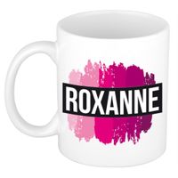 Naam cadeau mok / beker Roxanne met roze verfstrepen 300 ml - thumbnail