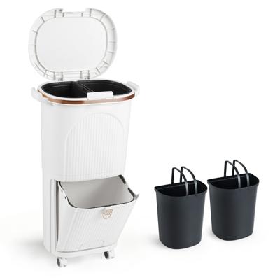 Keukenafvalbak Dubbellaagse Afvalbak met Twee Verwijderbare Containers een Voetpedaal en Zwenkwielen Staande Afvalbak