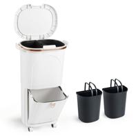 Keukenafvalbak Dubbellaagse Afvalbak met Twee Verwijderbare Containers een Voetpedaal en Zwenkwielen Staande Afvalbak