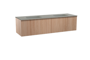 Balmani Forma zwevend badmeubel 180 x 55 cm naturel eiken met Tablo Arcato dubbele wastafel in solid surface steengrijs, Verticale symmetrische rechte ribbel