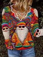 Women's Santa Print Wave Neck Long Sleeve Top Christmas Sweater