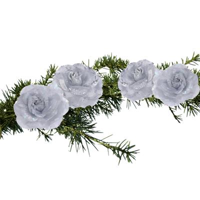 Kerstboomversiering Bloemen - 4x stuks - 9 cm - zilver glitter - op clip - ornament