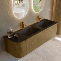 Badmeubel Mondiaz Kurve | 145 cm cm | Meubelkleur Dusk | Wastafelkleur Urban | Solid surface | Dubbel / Rechts spoelbak | 2 kraangaten