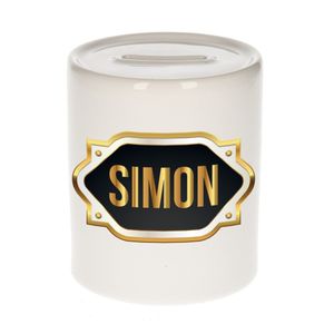 Naam cadeau spaarpot Simon met gouden embleem