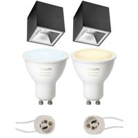 Pragmi Cliron Pro - Opbouw Vierkant - Mat Zwart/Zilver - Verdiept - 90mm - Philips Hue - Opbouwspot Set GU10 - White Ambiance - Bluetooth