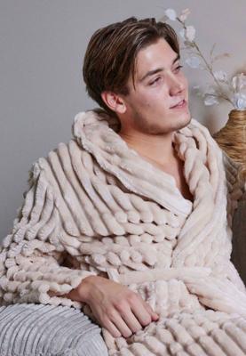 Ribcord badjas fleece - sjaalkraag - beige-3Xl/4XL