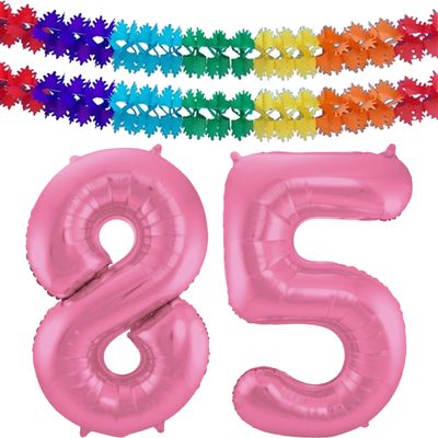 Grote folie ballonnen cijfer 85 in het glimmend roze 86 cm en 2x feestslingers