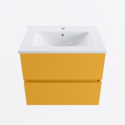 MONDIAZ VICA 60cm badmeubel onderkast Ocher 2 lades. Wastafel DENIA midden 1 kraangat, kleur Glanzend Wit.